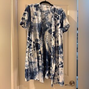 Blue and White Tie-Dye Button-Up House Dress with Pockets XL